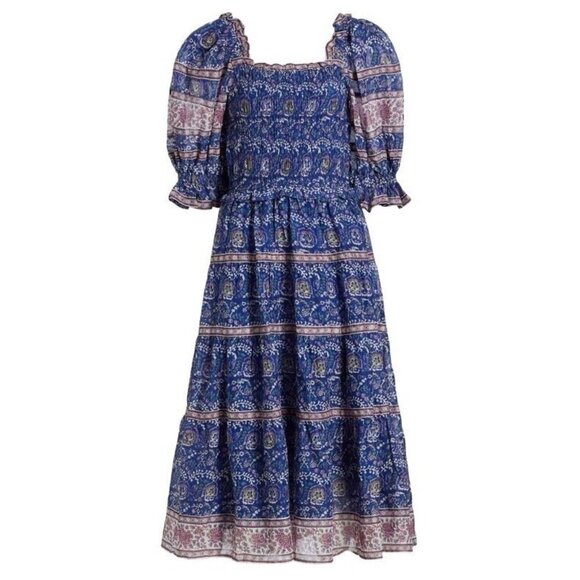 NWT Sea Rosita in Blue Cotton Smocked Puff-Sleeve Tiered Midi Dress XS $395